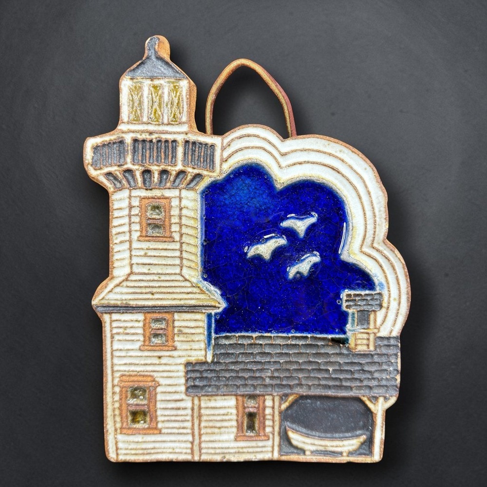 Littlejohn Ceramics Pottery Lighthouse Wall Plaque Blue Glaze Cork Back Decor